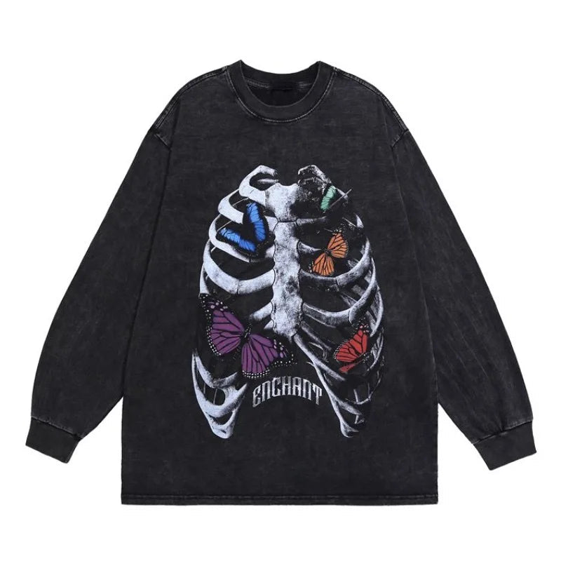 Harajuku Streetwear top – Harajuku Skeleton Printed Retro Distressed Washed T Shirt Me