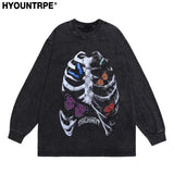Harajuku Streetwear top – Harajuku Skeleton Printed Retro Distressed Washed T Shirt Me