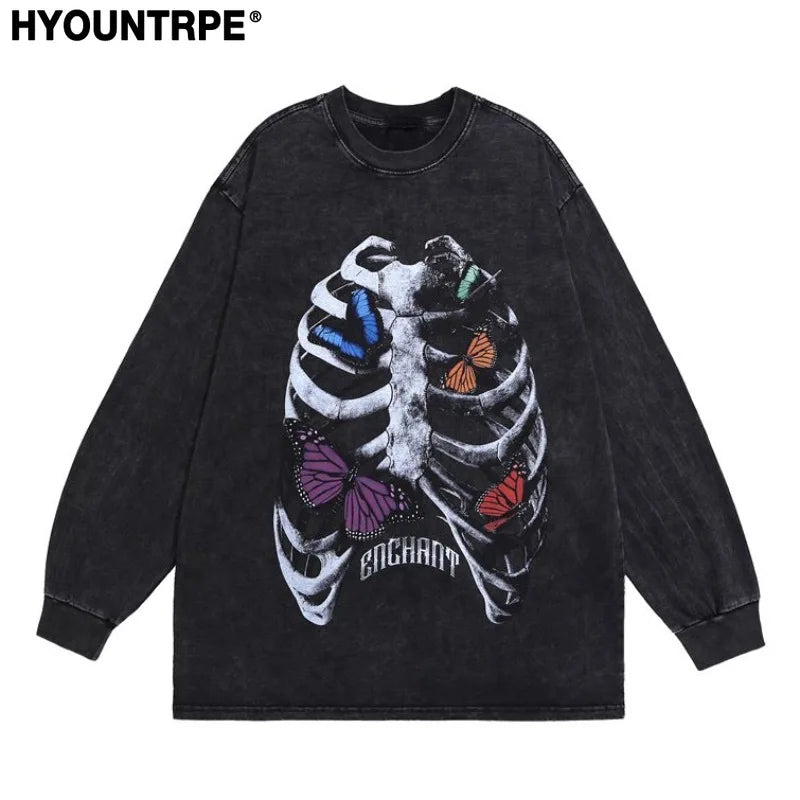 Harajuku Streetwear top – Harajuku Skeleton Printed Retro Distressed Washed T Shirt Me