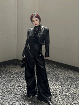 material fashion hip urban design style hop fit premium essential graphic style - oversized 4b2411 wear european-and-american-heavy-industry-multi-zipper-design-spider-web-shoulder-pad-leather-jacket-for-women-2024-new-jacket-top unisex casual quality high streetwear image print everyday streetwear design ID 6b864