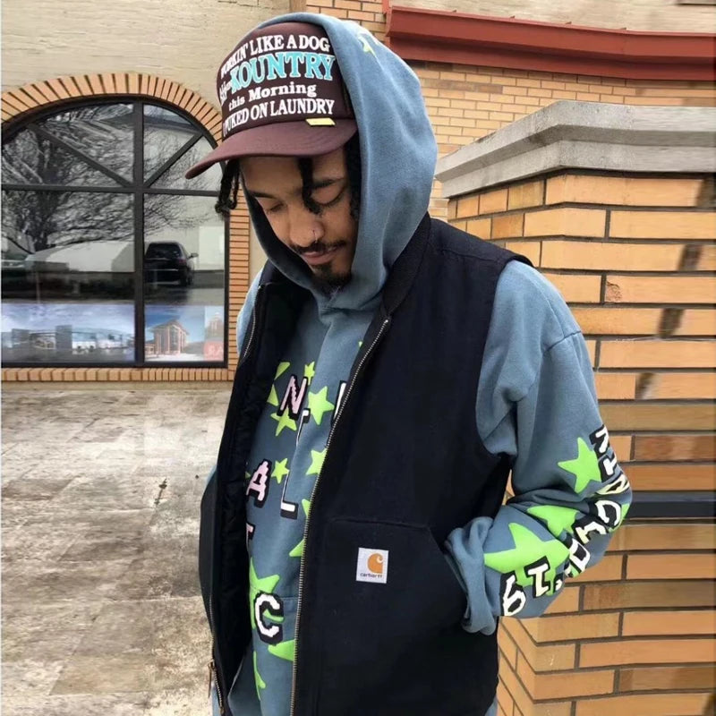 High Street Letter Foam Stars Print Mens And Womens Fleece Hoodie Retr