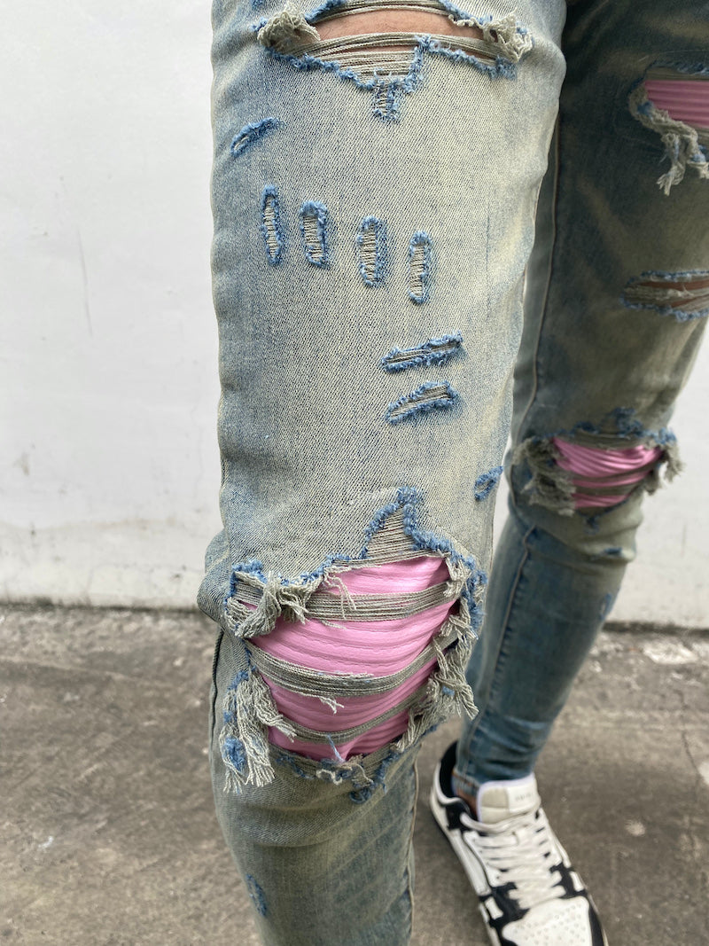 destroied ripped holes patckwork denim jean mens casual distressed washed biker jeans new fashion high street slim pants joggers unique joggers style 3382