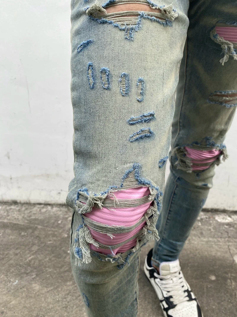 destroied ripped holes patckwork denim jean mens casual distressed washed biker jeans new fashion high street slim pants joggers unique joggers style 3371