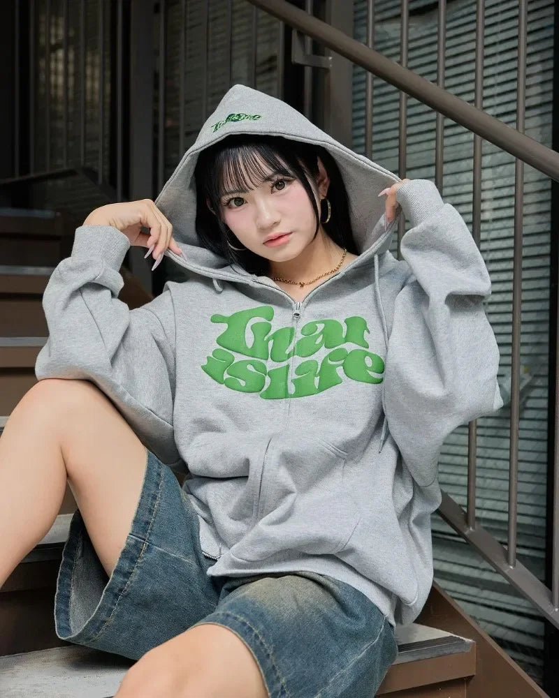 Trendy Brand Casual Loose Versatile Letter Printed Zipper Hoodie Women