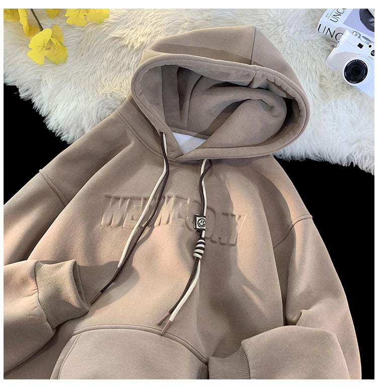 Embossed Letters Casual Hooded Sweatshirt Basic Colours Drawstring Cla
