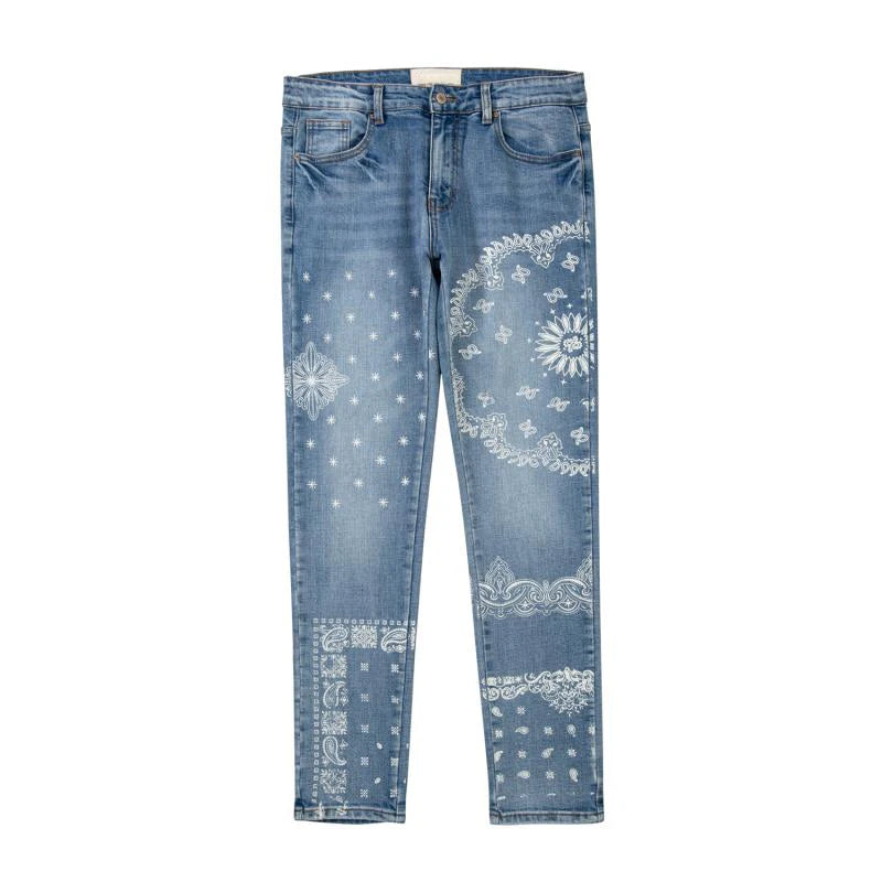 mens high street paisley print denim jeans casual hip hop distressed jeans slim fit skinny denim pants joggers streetwear men unique joggers style 1222