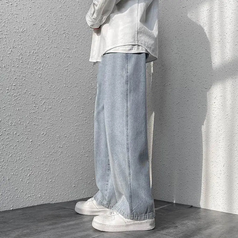 korean mens casual long jeans loose retro straight baggy pants denim wide leg pants light blue grey black retro washed jeans unique jeans style 1263