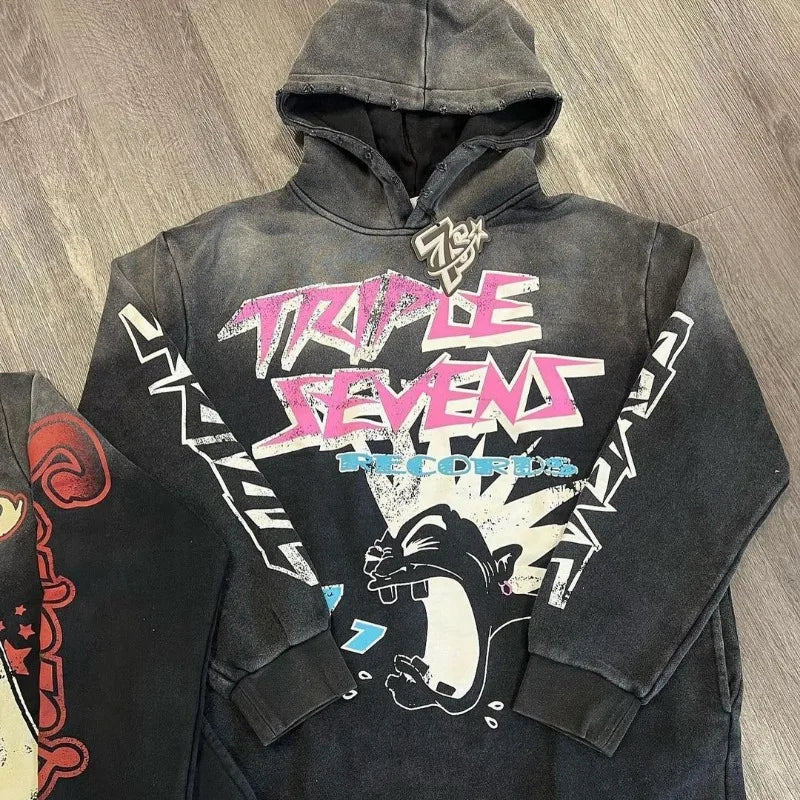 Street Hip Hop Rock Letters Anime Print Oversized Pullover Hoodie Men