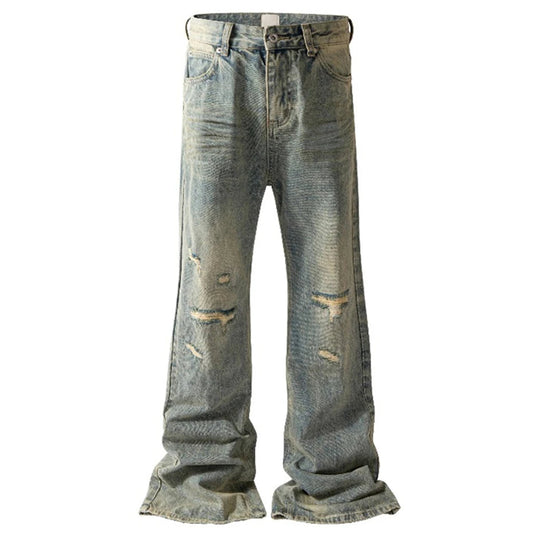 mens vintage ripped jeans distressed hole blue flared jeans trousers luxury designer male denim pants urban skinny jeans