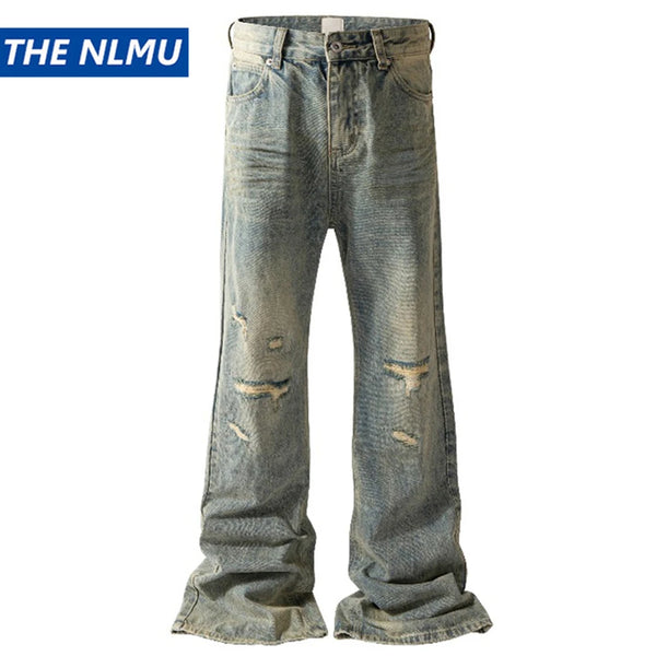 mens vintage ripped jeans distressed hole blue flared jeans trousers luxury designer male denim pants urban skinny jeans