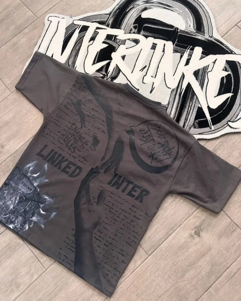 American High Street Retro Fashion Cartoon Letter Printed Short-sleeved Tops Women Y2k Goth Rock Casual Oversized T-shirts Men