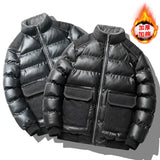 Winter new men's cotton thickened jacket slim stand-up collar splicing PU leather large pocket cotton-padded coat men