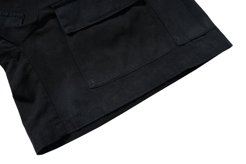 vintage ripped damaged black cargo shorts for men high street wide leg baggy overalls distressed summer knee length pants unique cargo style 143