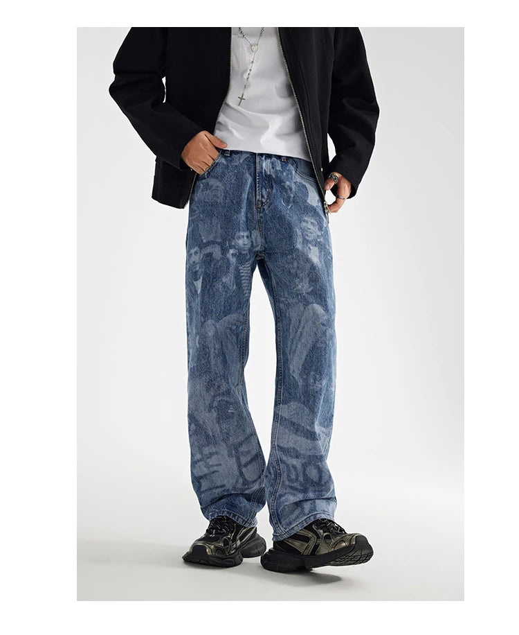 designer human printed denim jeans mens new casual zipper straight hip hop jeans streetwear baggy pants joggers graphic jeans unique joggers style 675