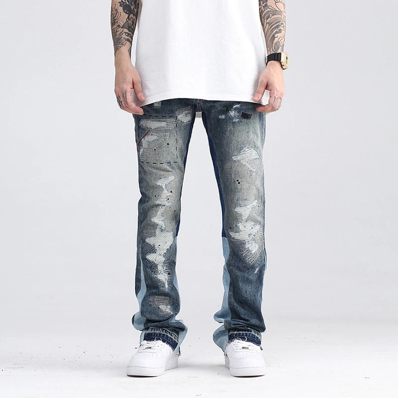 blue speckle ink washed destroyed flared jean pants hip hop graffiti ripped denim jeans for men streetwear vintage wide jeans unique jeans style 4455