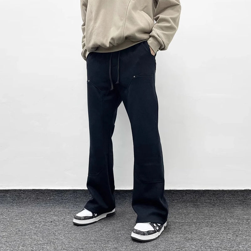 american streetwear gray flared sweatpant men double knee patch micro flare overalls harajuku casual patchwork sweat pants black streetwear sweatpants