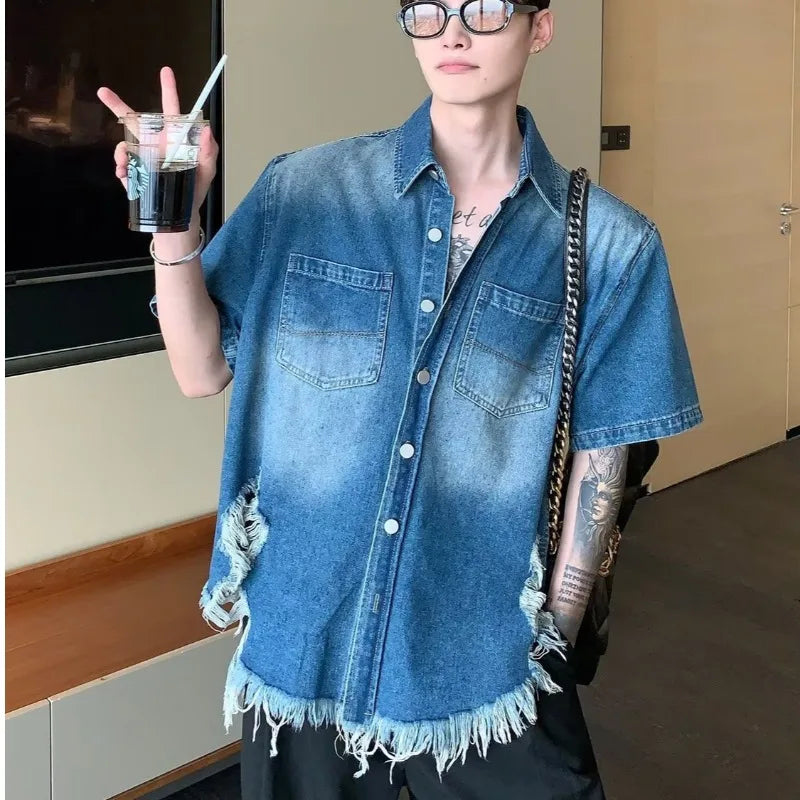 fashion high street mens set 2024 multi pocket short sleeved denim shirt casual straight leg pants 2 pcs set summer suit unisex stacked flare jeans