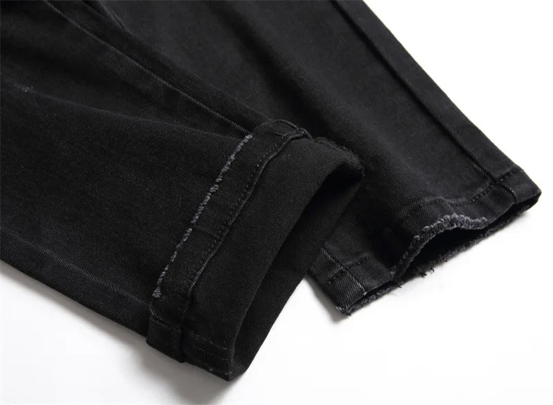 skull embroidery jeans ripped holes denim pants men zipper biker jeans streetwear slim fit y2k punk hip hop casual pants joggers unique joggers style 4171