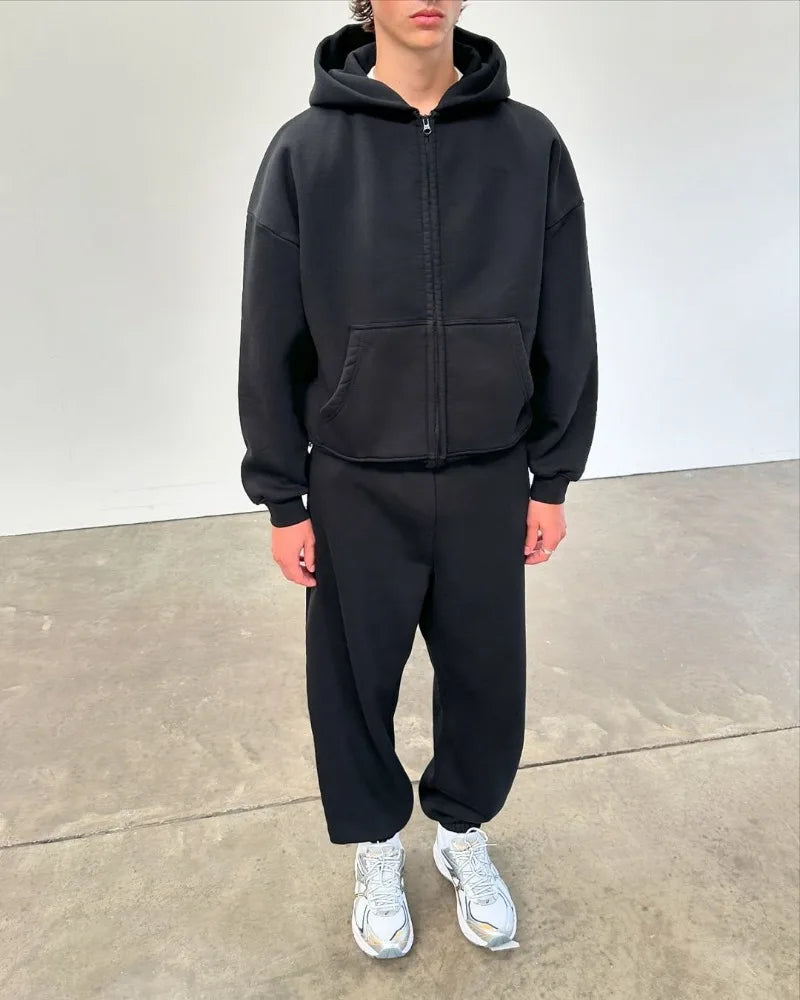 American High Street Fashion Casual Hoodie Men Y2K Harajuku Retro Soli