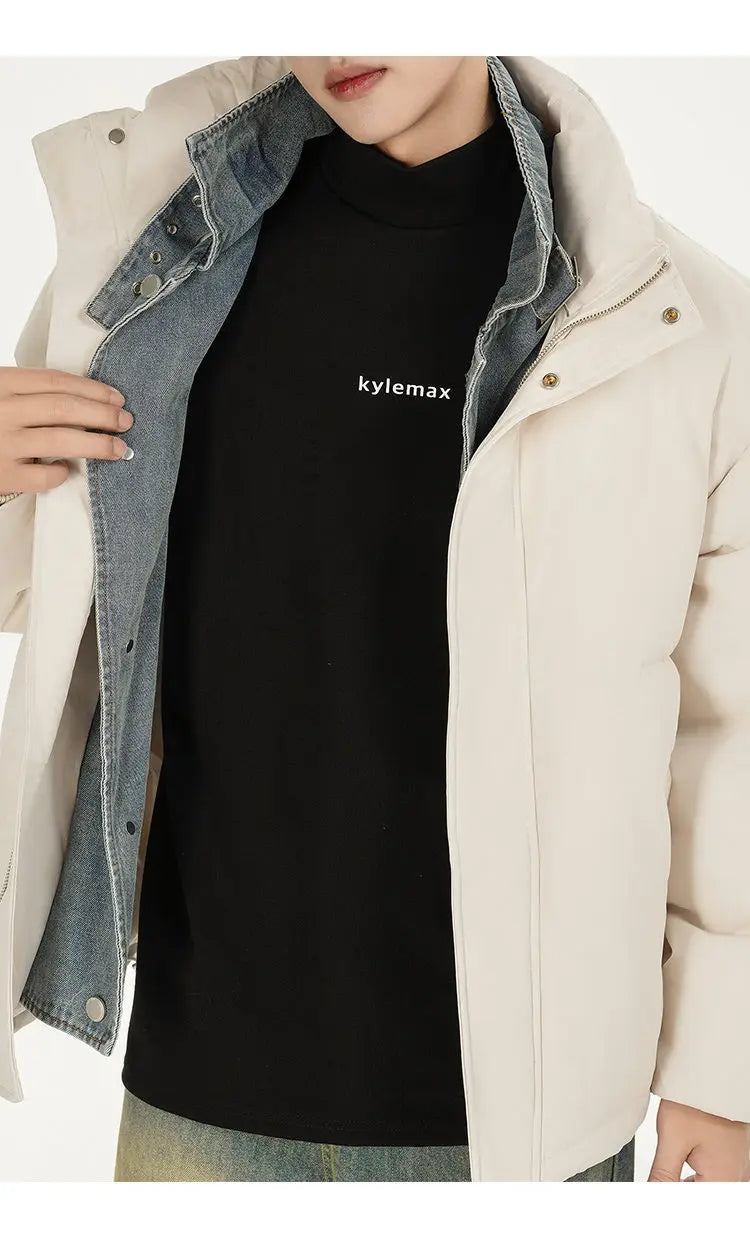 Winter Splice Denim Cotton-padded Jacket Men Women Stand Collar Fashion Loose Casual Thicken Warm Parkas Jacket Boyfriend Coat