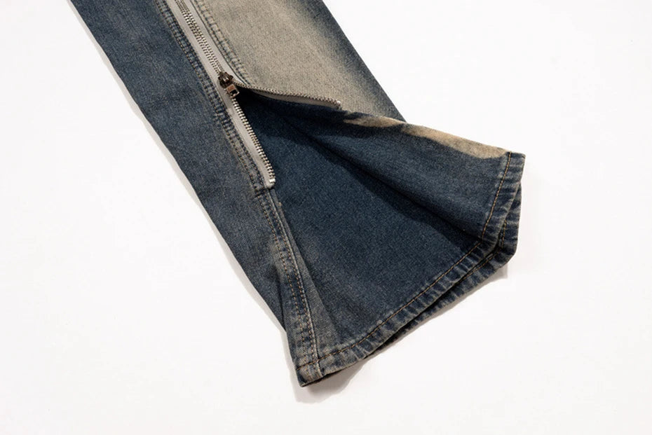ro style men jeans double zipper blue flared denim pants luxury designer male streetwear hip hop blue baggy jeans trousers y2k unique jeans style 1041