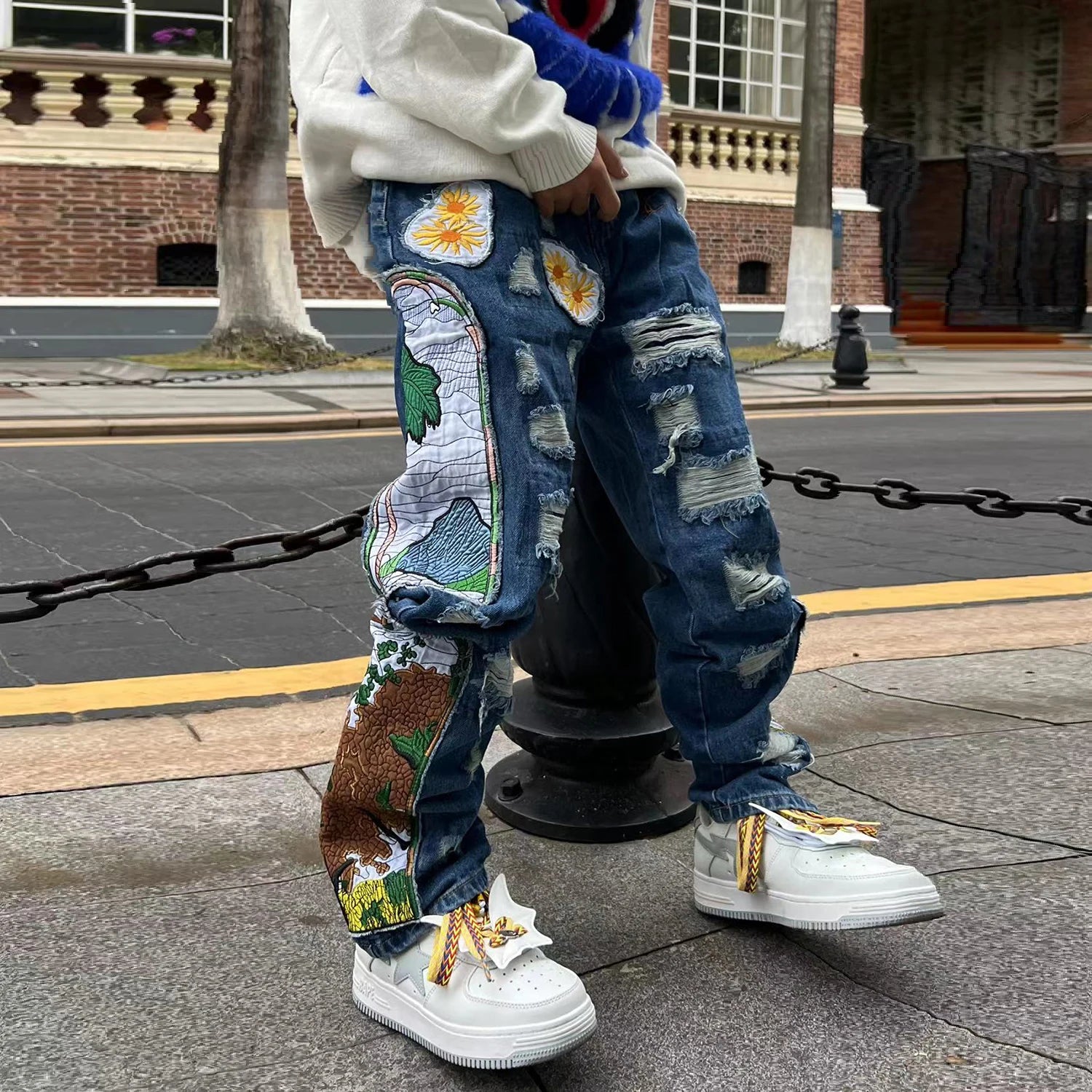 harajuku fashion embroidered patches straight denim pants hip hop washed torn jeans black blue patchwork y2k jeans baggy men vintage washed jeans