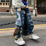 harajuku fashion embroidered patches straight denim pants hip hop washed torn jeans black blue patchwork y2k jeans baggy men vintage washed jeans
