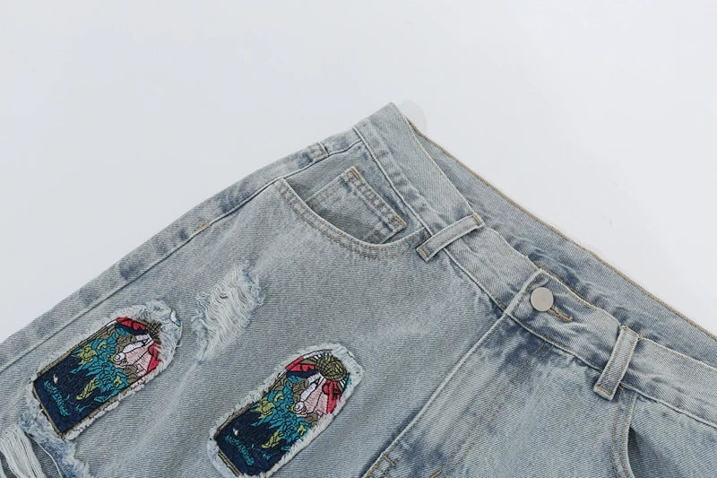 retro patch embroidered pleated jean for men street wear washed destroyed straight patchwork ripped jeans pants baggy hip hop unique jeans style 1065