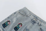 retro patch embroidered pleated jean for men street wear washed destroyed straight patchwork ripped jeans pants baggy hip hop unique jeans style 1065