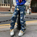 harajuku fashion embroidered patches straight denim pants hip hop washed torn jeans black blue patchwork y2k jeans baggy men urban skinny jeans