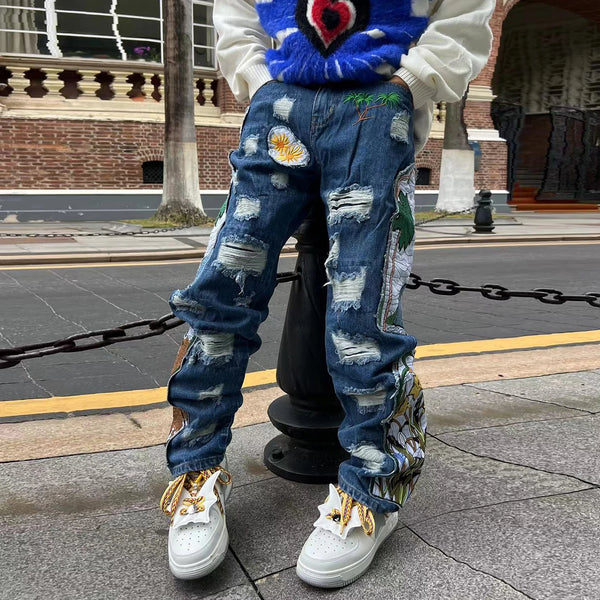 harajuku fashion embroidered patches straight denim pants hip hop washed torn jeans black blue patchwork y2k jeans baggy men urban skinny jeans