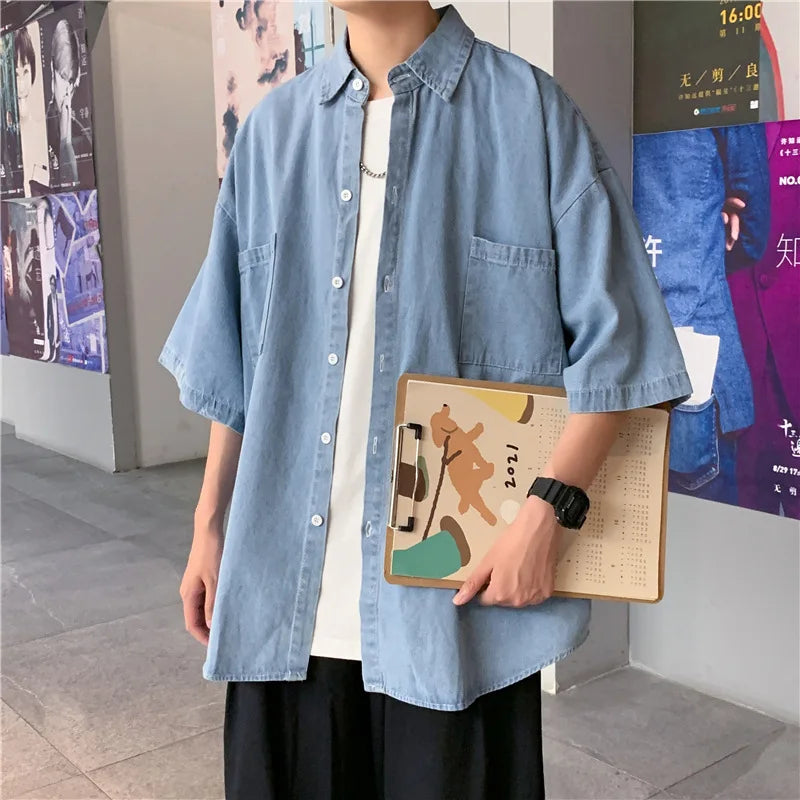 2023 Denim Short-sleeved Shirt Men's Summer Japanese Style Loose And Comfortable Casual Jacket Boutique Clothing Simple Style