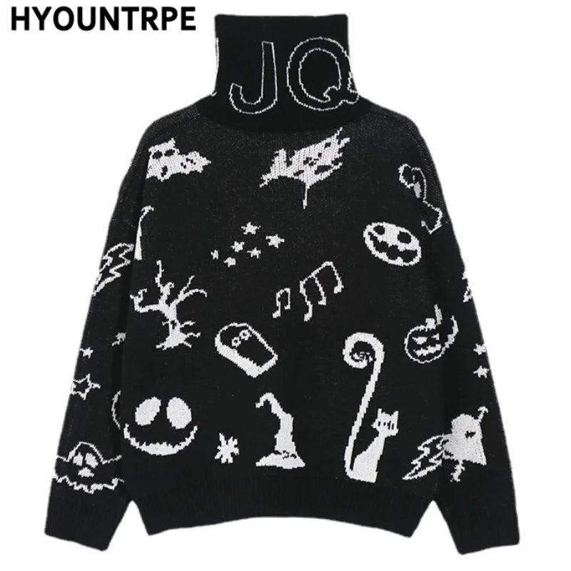 mens turtleneck knitted sweater fashion hip hop harajuku letter sweater retro vintage jumpers casual cotton pullovers sweaters Y2K vintage urban hoodie, aesthetic street look hoodie, urban wear with bold artwork