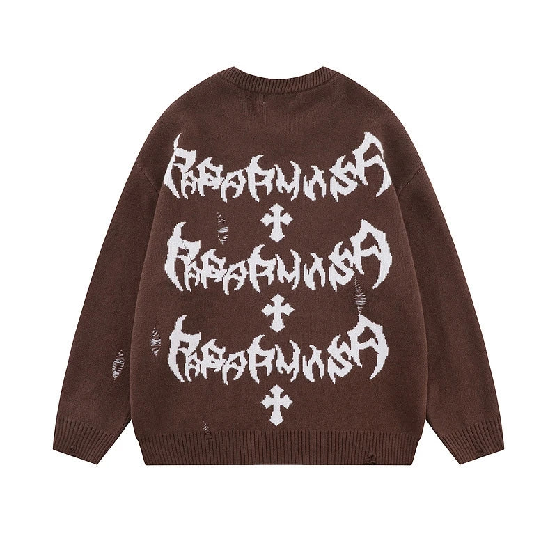 rainbowtouches men sweaters high street letter graffiti holes trendy pullover vintage loose knitted sweater spring and autumn - 2025 streetwear drop, gothic aesthetic hoodie for winter, Y2K grunge street style