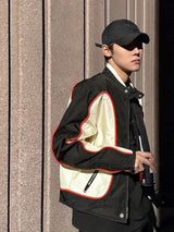 panel varsity outerwear, 2025 trend, for men, fall streetwear outfit, oversized style, layered fashion, modern aesthetic, graphic detail