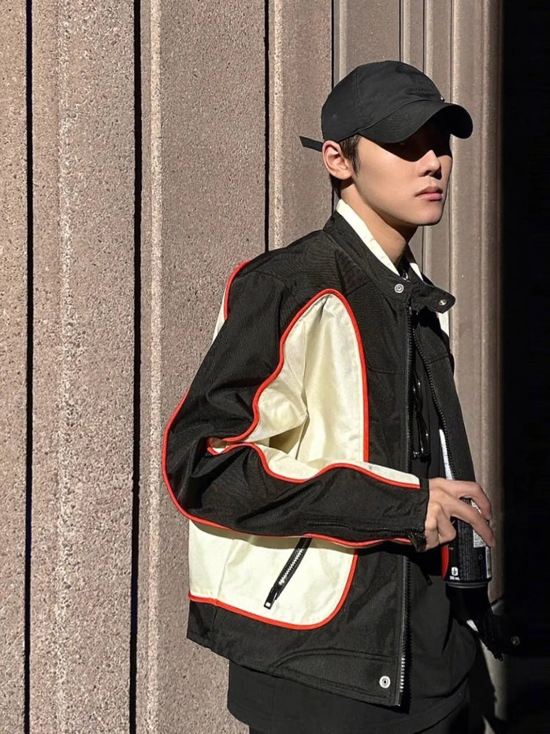 panel varsity outerwear, 2025 trend, for men, fall streetwear outfit, oversized style, layered fashion, modern aesthetic, graphic detail