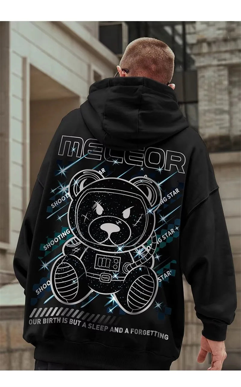Meteor Bear Graphic Hoodies Oversized Men's Streetwear Hooded Sweatshirt