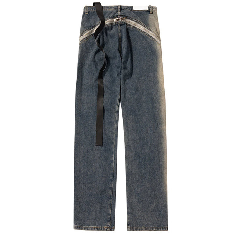ro style men jeans double zipper blue flared denim pants luxury designer male streetwear hip hop blue baggy jeans trousers y2k unique jeans style 1035