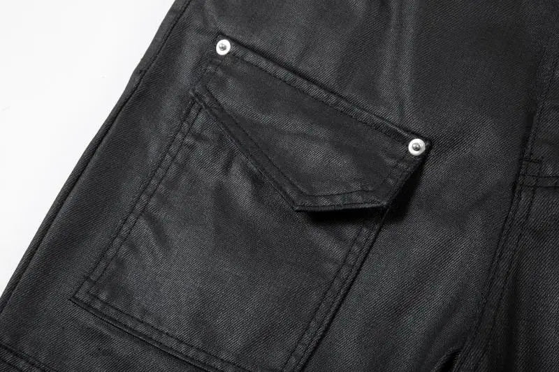 streetwear kanye slim fit feet coated black jeans pants for men pocket brushed wax tapered pants man casual cargo jeans y2k unique cargo style 4560
