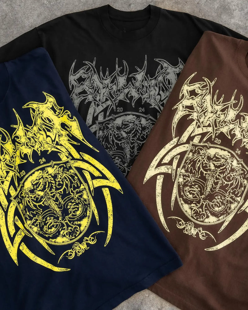 Cyberpunk Anime panel – American Trendy Gothic Dragon Letter Printed Oversized T Shi