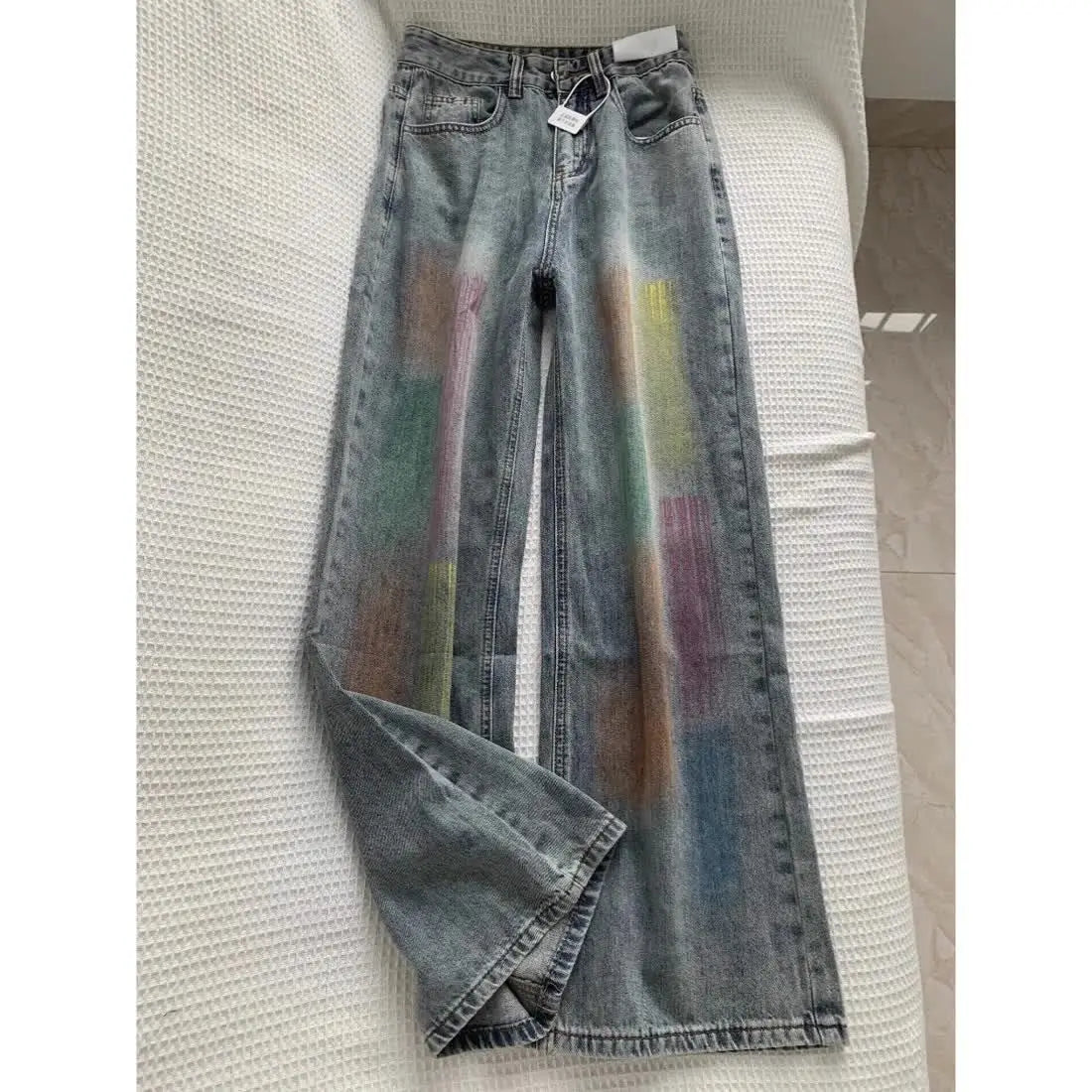 american retro personalized trend color gradient jeans for men and women new washed straight leg micro flared casual pants y2k ripped baggy denim