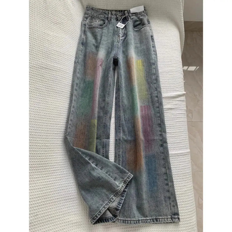 american retro personalized trend color gradient jeans for men and women new washed straight leg micro flared casual pants y2k ripped baggy denim