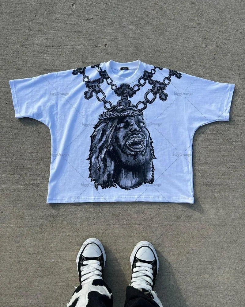 2024 Y2k Harajuku Retro Oversized Short Sleeve Men Letter Cartoon Print T-Shirt High Street Trendy Versatile Clothing Women