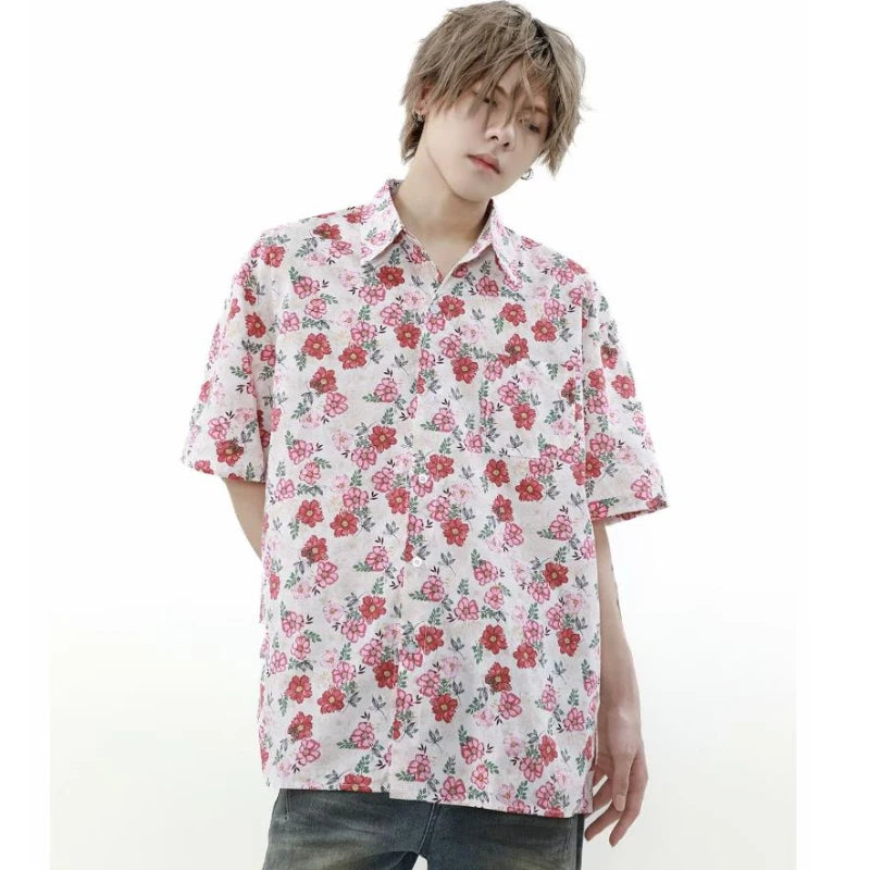 summer harajuku set mens flower print casual short sleeved top gradient straight leg jeans 2 pcs set high street trendy suit urban skinny jeans