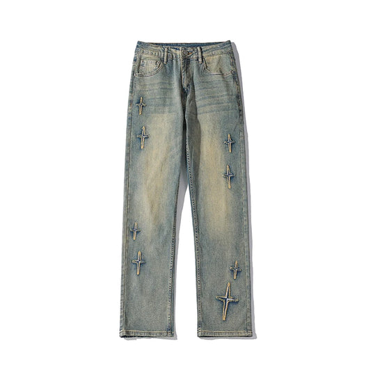 high street slim straight trousers tide vintage washed old colour stars jeans street mens denim trousers 2024 male pants denim street jeans