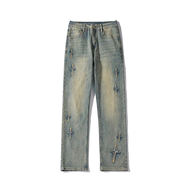high street slim straight trousers tide vintage washed old colour stars jeans street mens denim trousers 2024 male pants denim street jeans