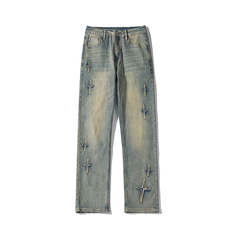 high street slim straight trousers tide vintage washed old colour stars jeans street mens denim trousers 2024 male pants denim street jeans