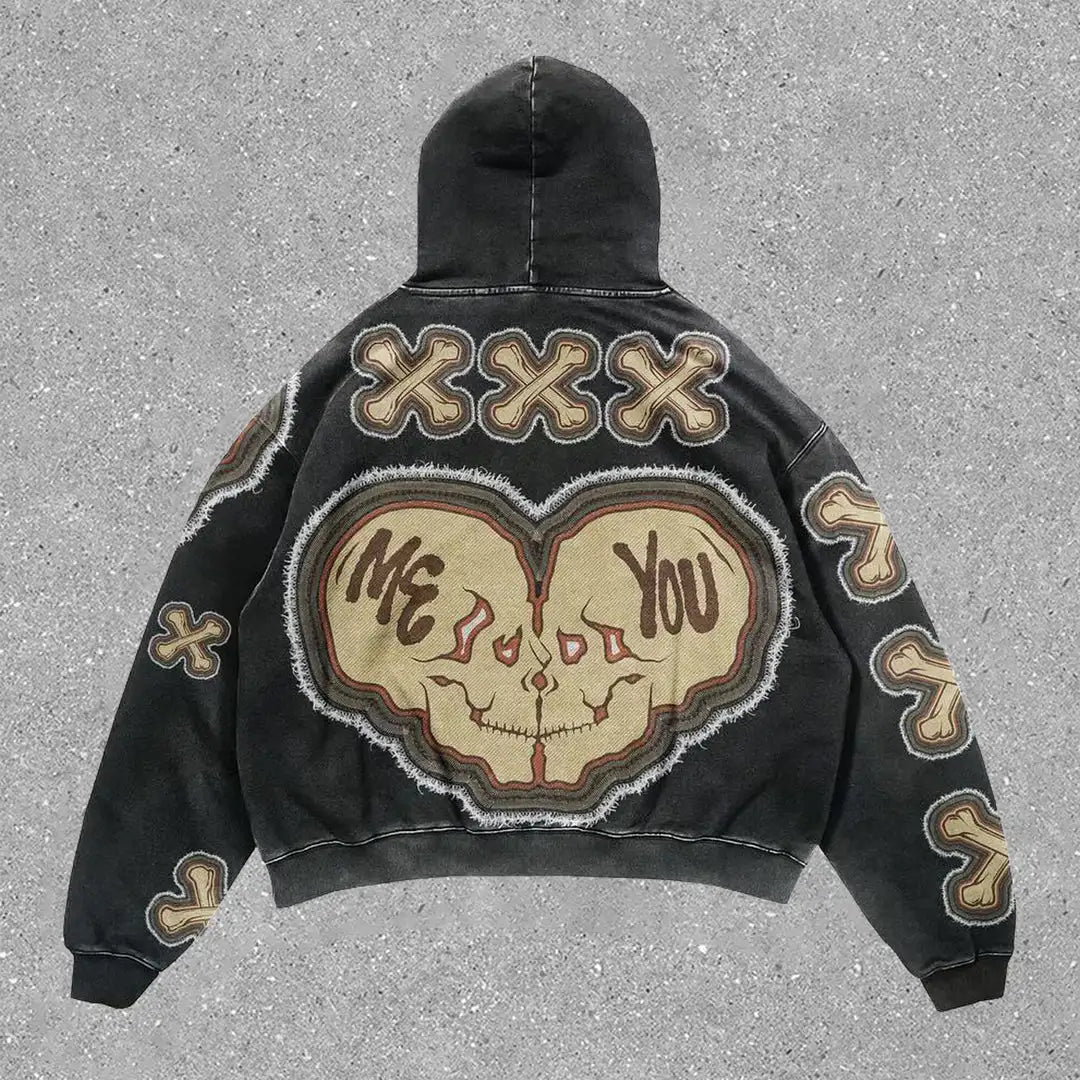 Glitchcore Fashion – Harajuku Stylish Retro Skull Print Hoodies Women Graphic Ame – Streetwear Fashion for Men & Women