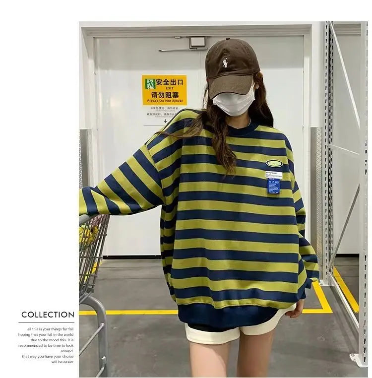 Original Korean New Style Loose Striped Sweatshirt American Harajuku C