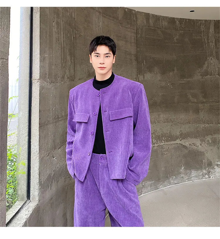 men 2 pieces sets corduroy short jacket wide leg pant suits korean streetwear fashion loose casual retro coat baggy trousers unique shorts style 2803